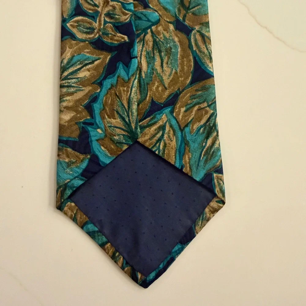 Marina Di Carrara Mens Silk Tie Teal Gold Leaf Botanical Hand‎ Made Italy